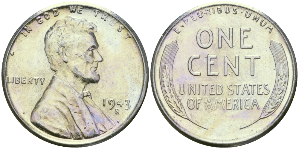 США 1 цент 1943 S (Сан-Франциско), Авраам Линкольн KM 132 a сталь плакированная цинком 96-1214