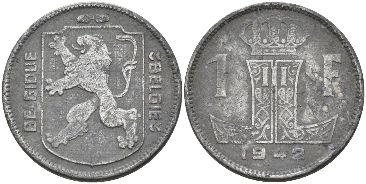 Бельгия 1 франк 1942 BELGIQUE-BELGIE, Леопольд III KM 127 цинк 4591-911