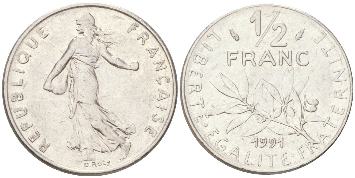 Франция 1/2 франка 1991 сеятель KM 931.1 никель 4613-856