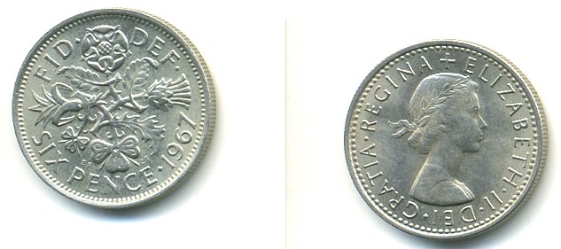 Великобритания 6 пенсов 1967 Елизавета II (1952-2022) KM 903, Spink 4149 медно-никель 23-913