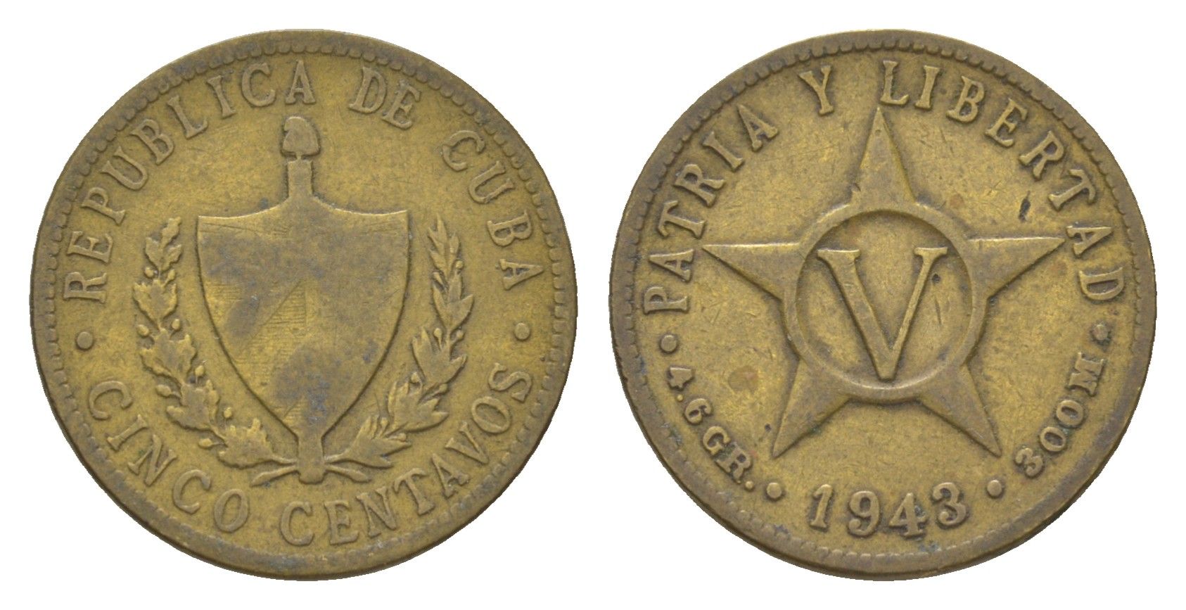 Куба 5 сентаво 1943 KM 11.3a латунь 4623-812