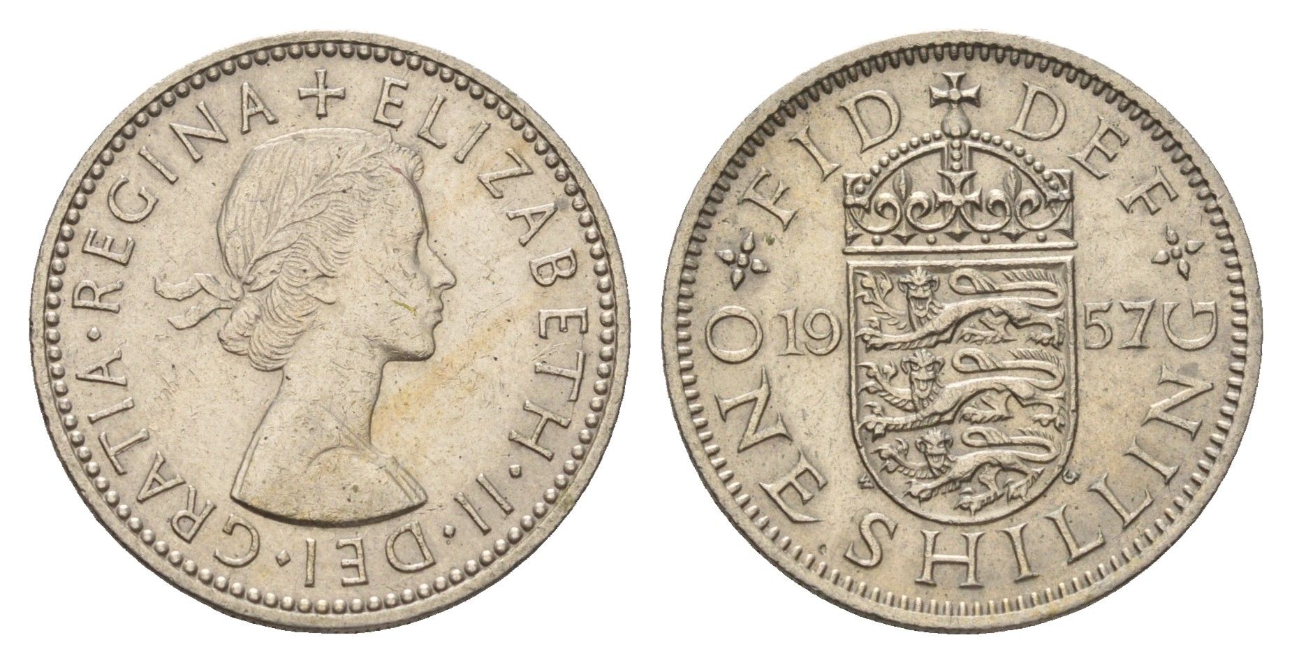 Великобритания 1 шиллинг 1957 Елизавета II (1952-2022), Английский герб KM 904, Spink 4147 медно-никель 4182-1036
