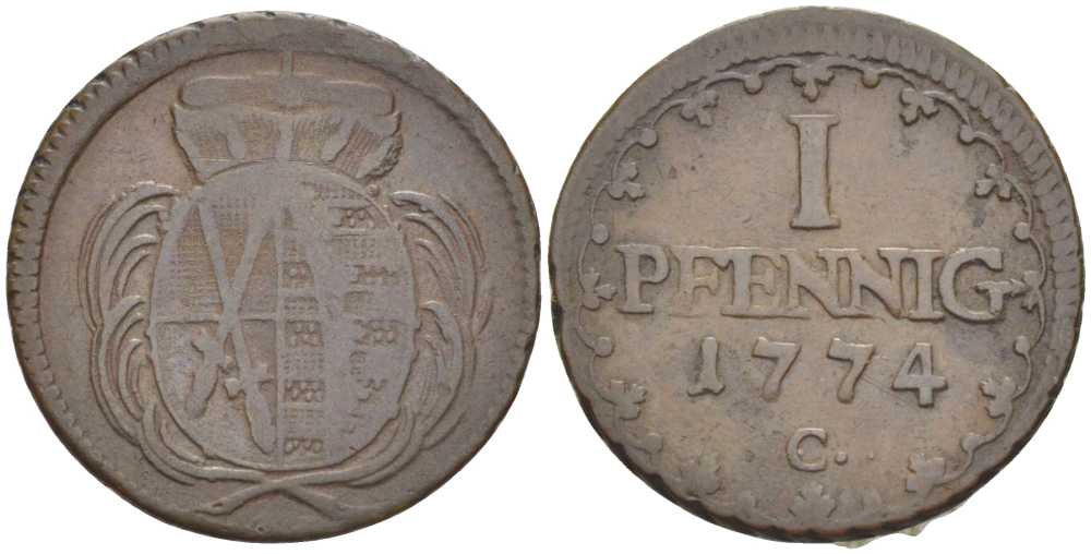 САКСОНИЯ 1 ПФЕННИГ 1774 С, ФРИДРИХ АВГУСТ III (1763-1806) KM 1000 (С91) медь 206-348