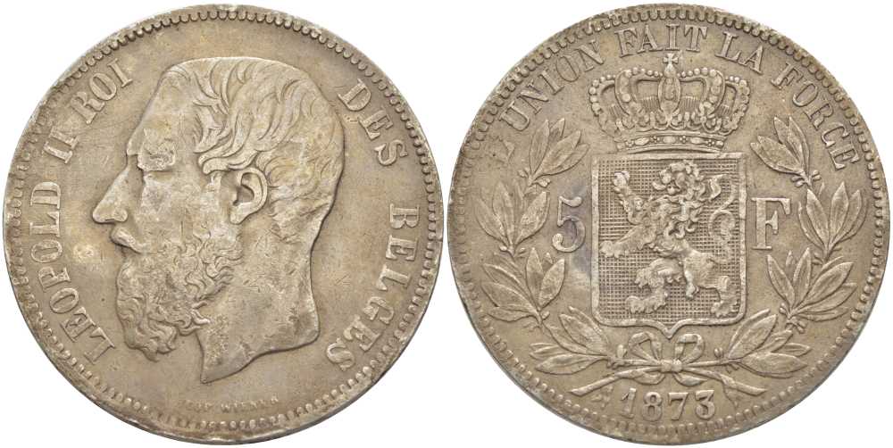 Бельгия 5 франков 1873 Леопольд II (1865-1909), позиция А KM 24 серебро 5010-934