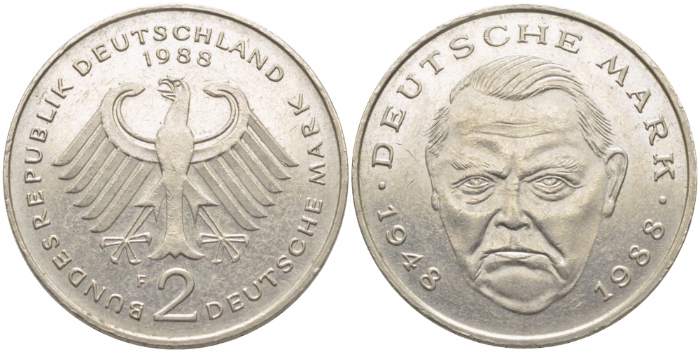 ФРГ 2 МАРКИ 1988 F ЛЮДВИГ ЭРХАРД J. 445, KM 170 медно-никель плакированный никелем 3856-313