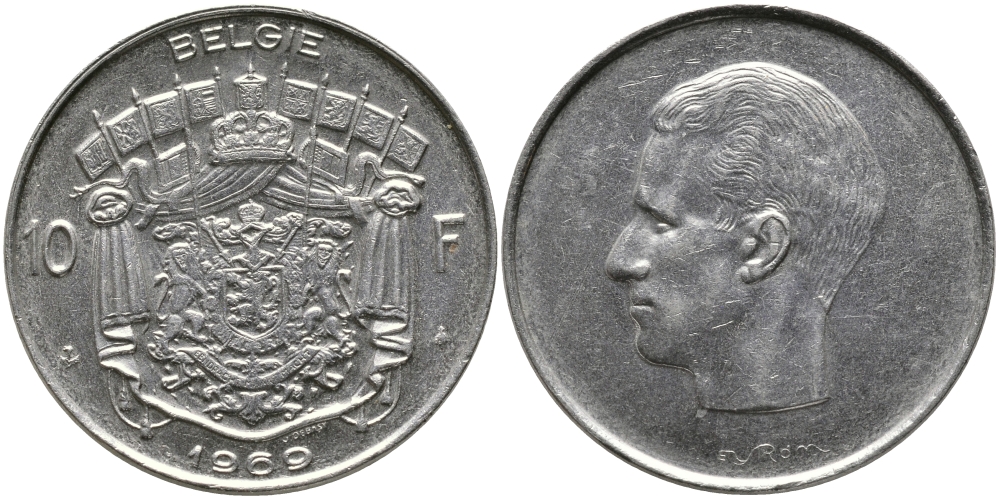 БЕЛЬГИЯ 10 ФРАНКОВ 1969 BELGIE, БОДУЭН I (1951-1993) KM 156.1 никель 97-834