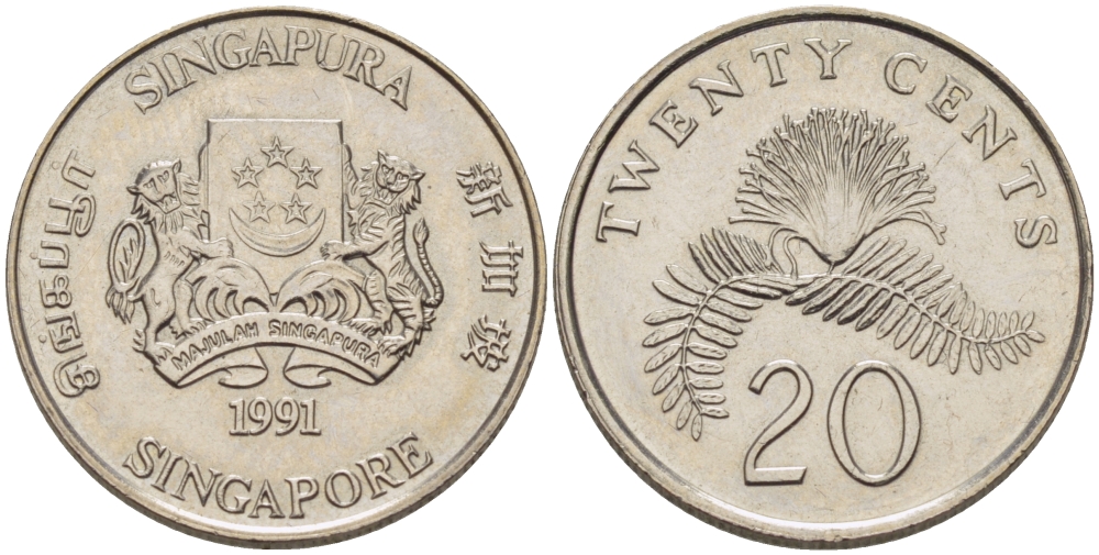 Сингапур 20 центов 1991 KM 52 медно-никель 67-534