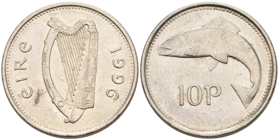Ирландия 10 пенсов 1996 лосось KM 29 медно-никель 4561-1241