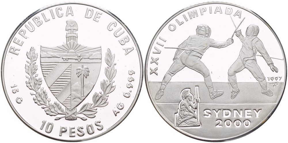 Куба 10 песо 1997 XXVII летние Олимпийские игры 2000 года в Сиднее 2000 года, фехтование KM 591 серебро PROOF 1071-2-62