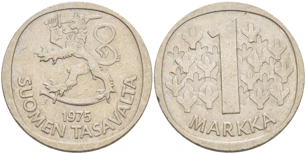 ФИНЛЯНДИЯ 1 МАРКА 1975 S KM 49а медно-никель 3718-1027