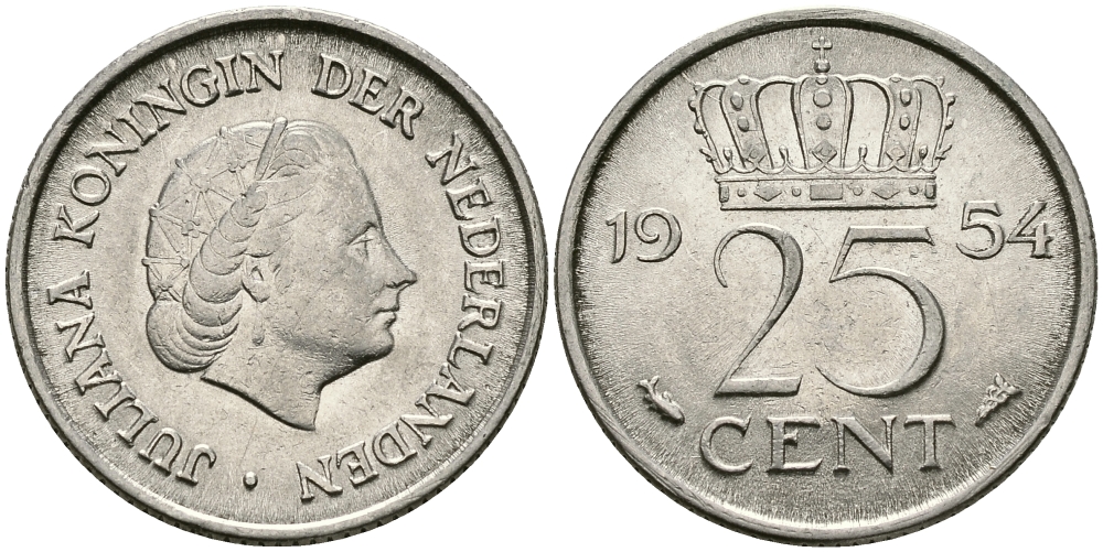 НИДЕРЛАНДЫ 25 ЦЕНТОВ 1954 ЮЛИАНА KM 183 никель 96-128