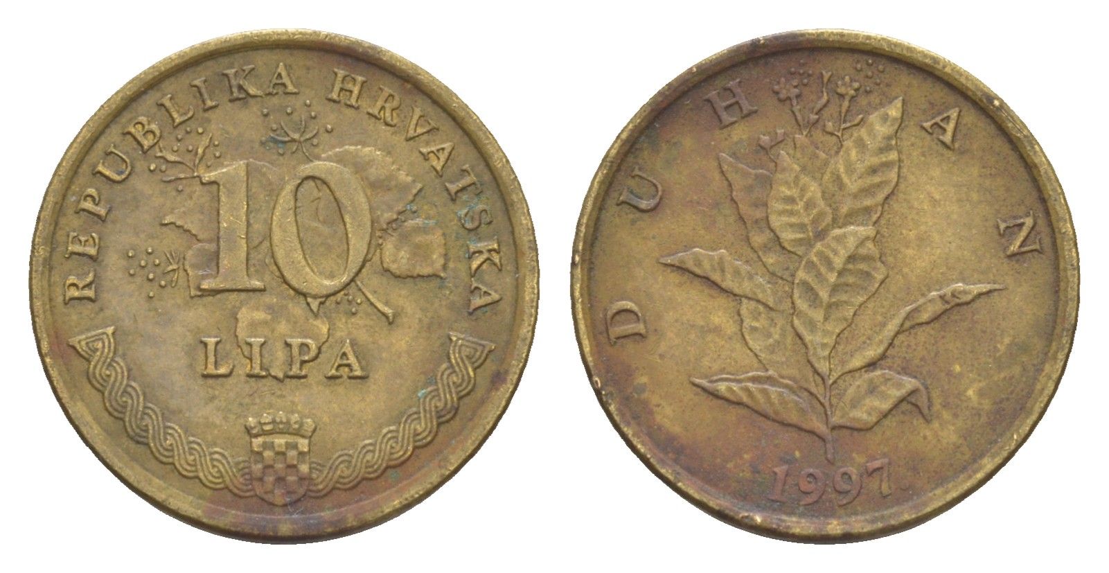 Хорватия 10 лип 1997 табак обыкновенный, легенда на хорватском KM 6 сталь плакированная латунью 4381-963