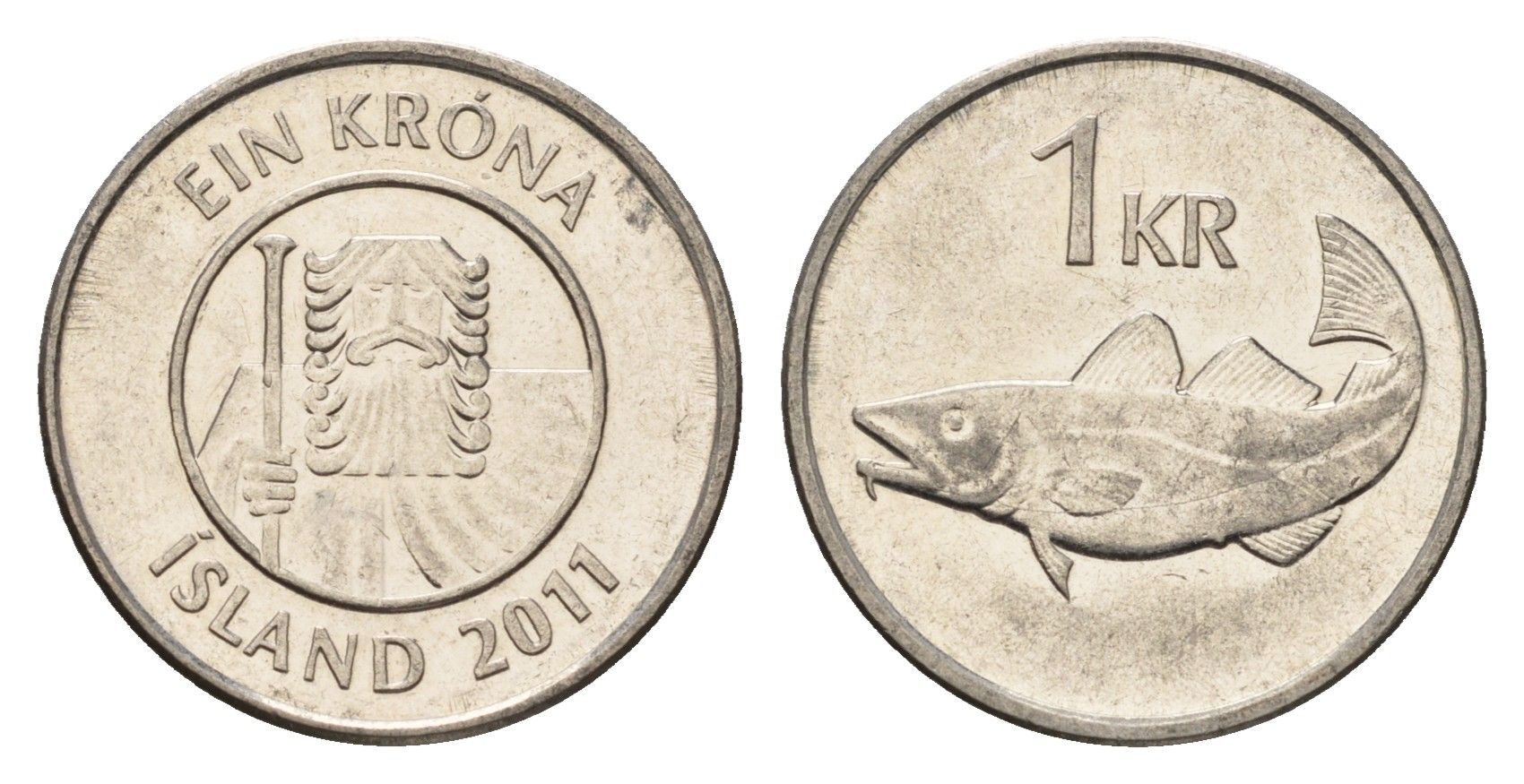Исландия 1 крона 2011 треска KM 27a сталь плакированная никелем UNC 4691-624