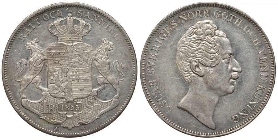 Швеция 1 риксдалер 1855 Оскар I (1844-1859) KM 667, Ahlstroem 35a, Dav. 354 серебро 10-016-21