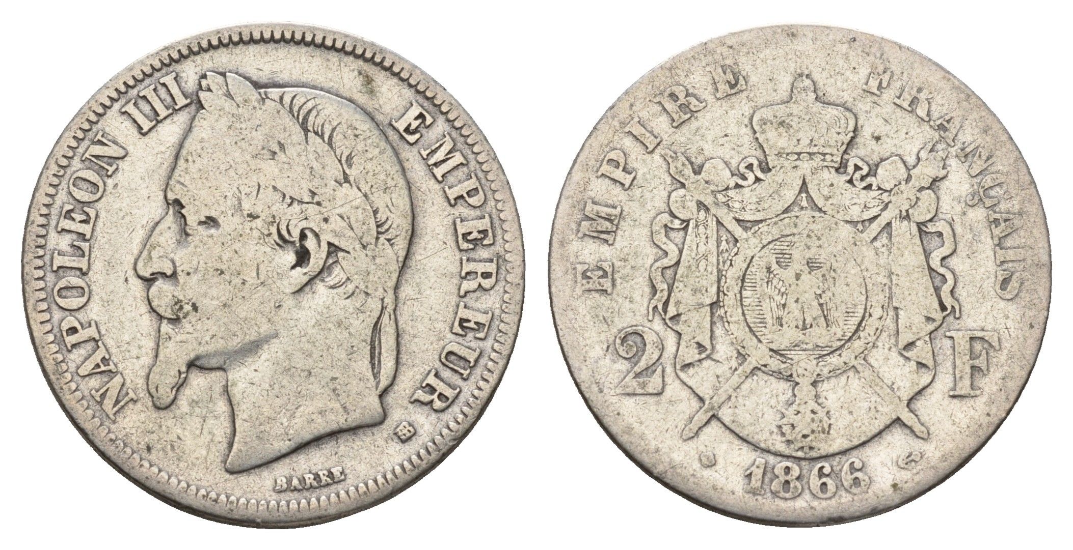 Франция 2 франка 1866 BB, Наполеон III (1852-1870) KM 807.2 серебро 5010-1935