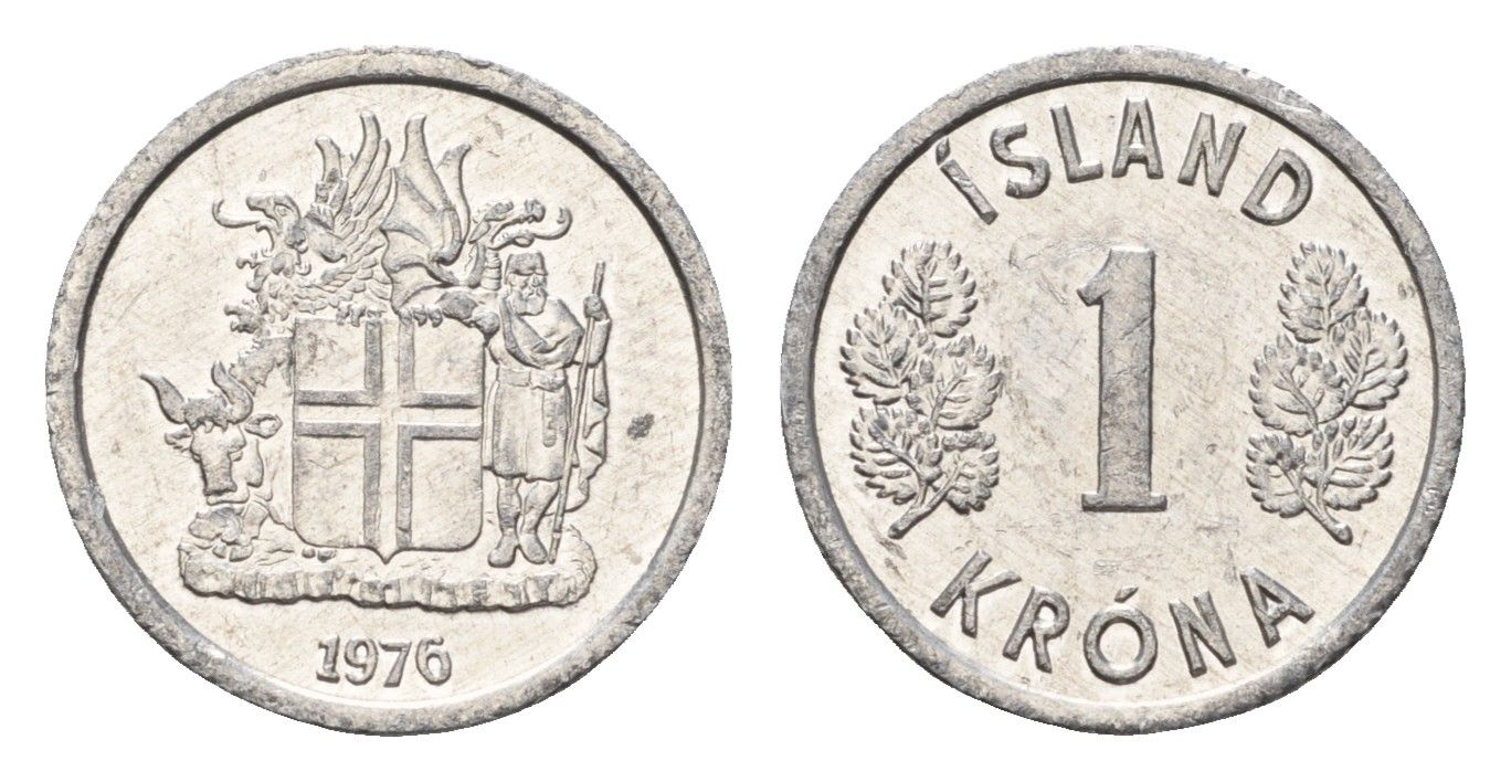 Исландия 1 крона 1976 KM 23 алюминий UNC 4687-762