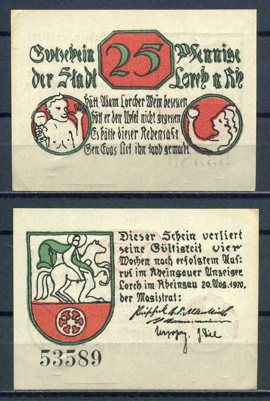 Лорх на Рейне (Пруссия, Гессен-Нассау) 25 пфеннигов 1920 DeNG 1/2 0815.1-2/2 бумага aUNC 7556-6-4-2