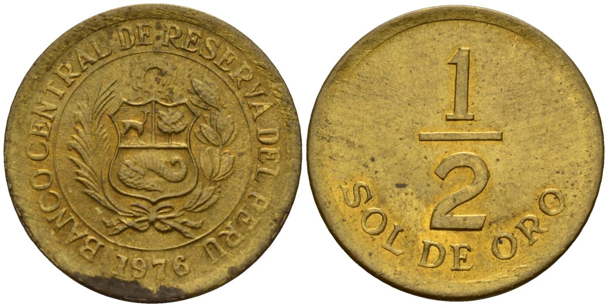 Перу 1/2 соля 1976 KM 265 латунь 4158-621