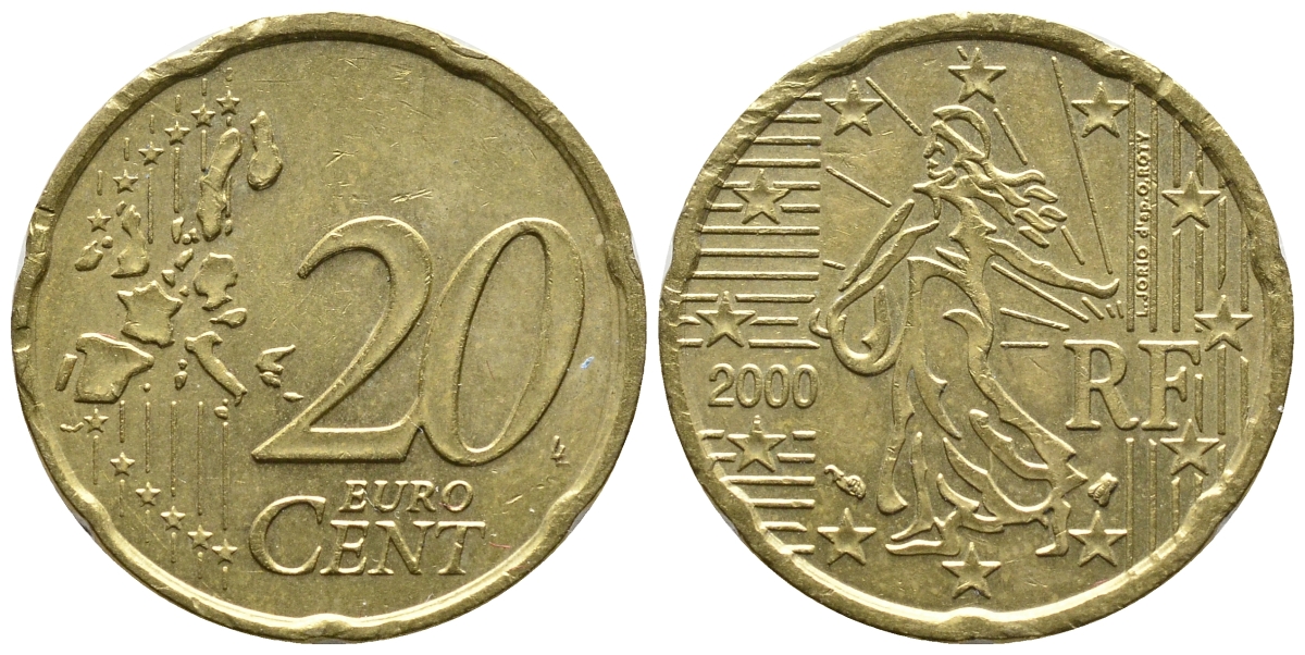Франция 20 евроцентов 2000 KM 1286 латунь 36-1037