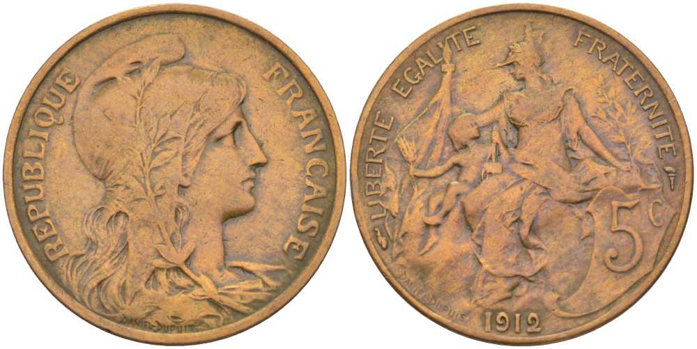 ФРАНЦИЯ 5 САНТИМОВ 1912 ТИП ДАНИЭЛЬ ДЮПЮИ KM 842, LE FRANC 119.24 бронза 202-111
