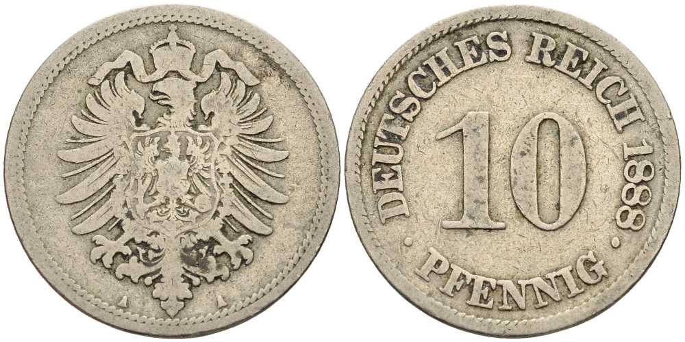 ГЕРМАНИЯ 10 ПФЕННИГОВ 1888 A, СТАРОГЕРБОВКА KM 4, J. 4 медно-никель 4401-326
