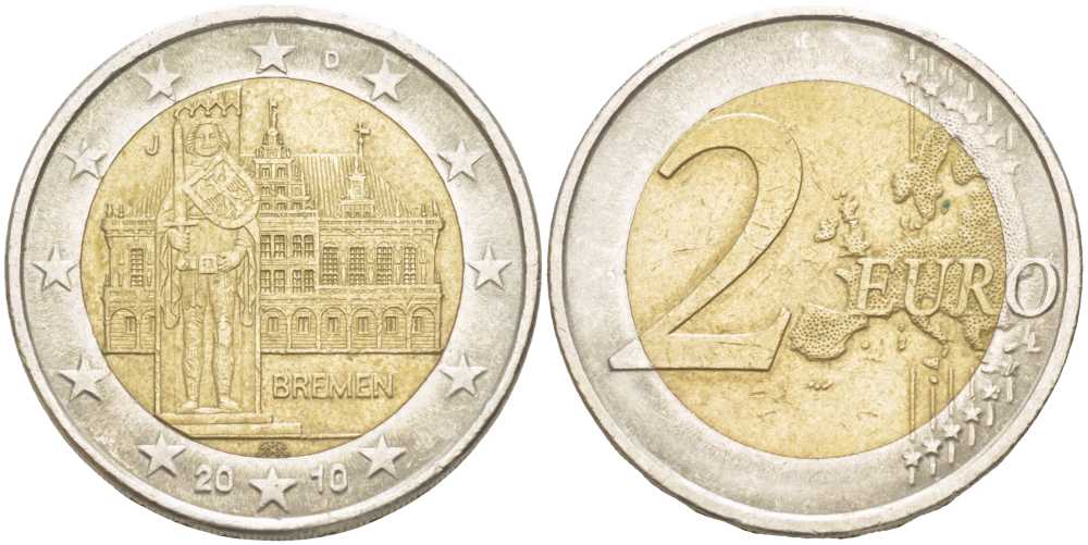 ФРГ 2 евро 2010 D, Бремен, городская ратуша и Роланд, серия Федеральные земли Германии KM 285 биметалл 62-612