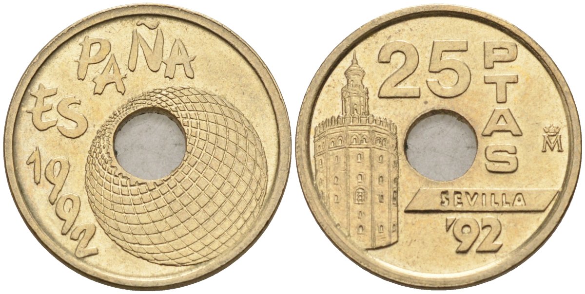 Испания 25 песет 1992 золотая башня в Севилье, EXPO 1992, Хуан Карлос I (1975-2014) KM 905 никель-бронза 4582-632