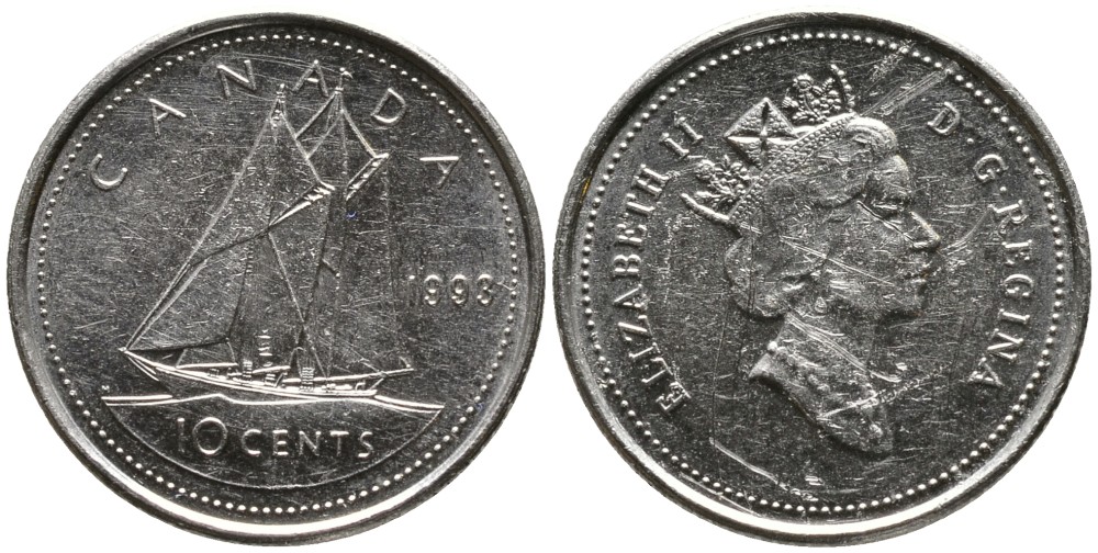 КАНАДА 10 ЦЕНТОВ 1993 ЕЛИЗАВЕТА II (1952-), ПАРУСНИК, ТРЕТИЙ ПОРТРЕТ В КОРОНЕ KM 183 никель 4532-841