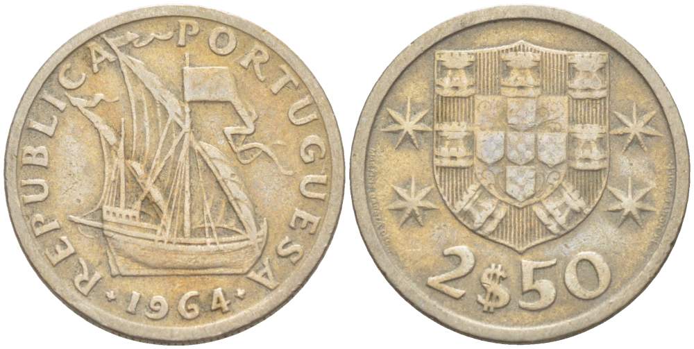 Португалия 2,5 эскудо 1964 парусник KM 590 медно-никель 4523-1045