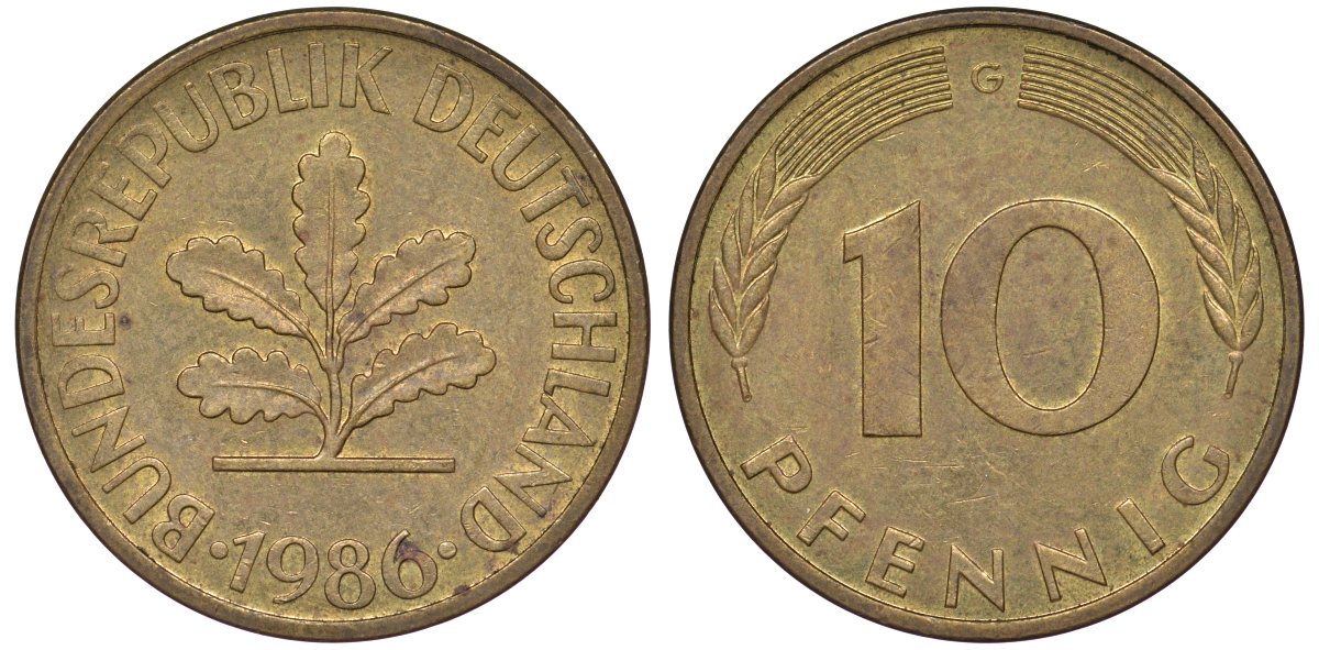 ФРГ 10 пфеннигов 1986 G KM 108, J 383 сталь плакированная латунью 25-1814