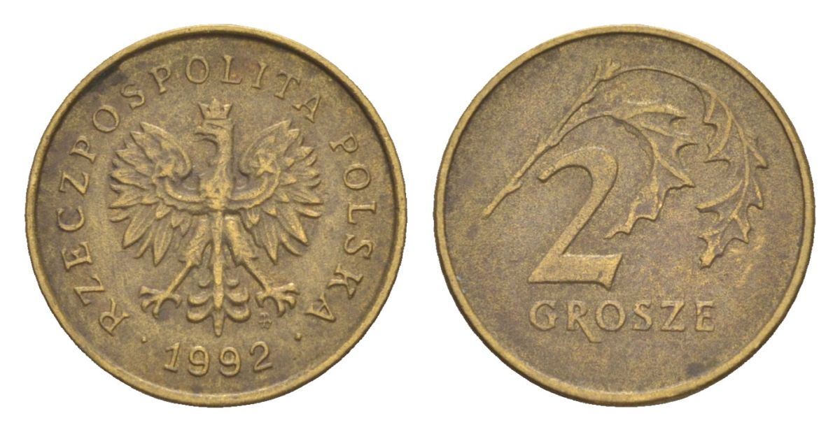 Польша 2 гроша 1992 Y 277 марганец латунь 4625-157