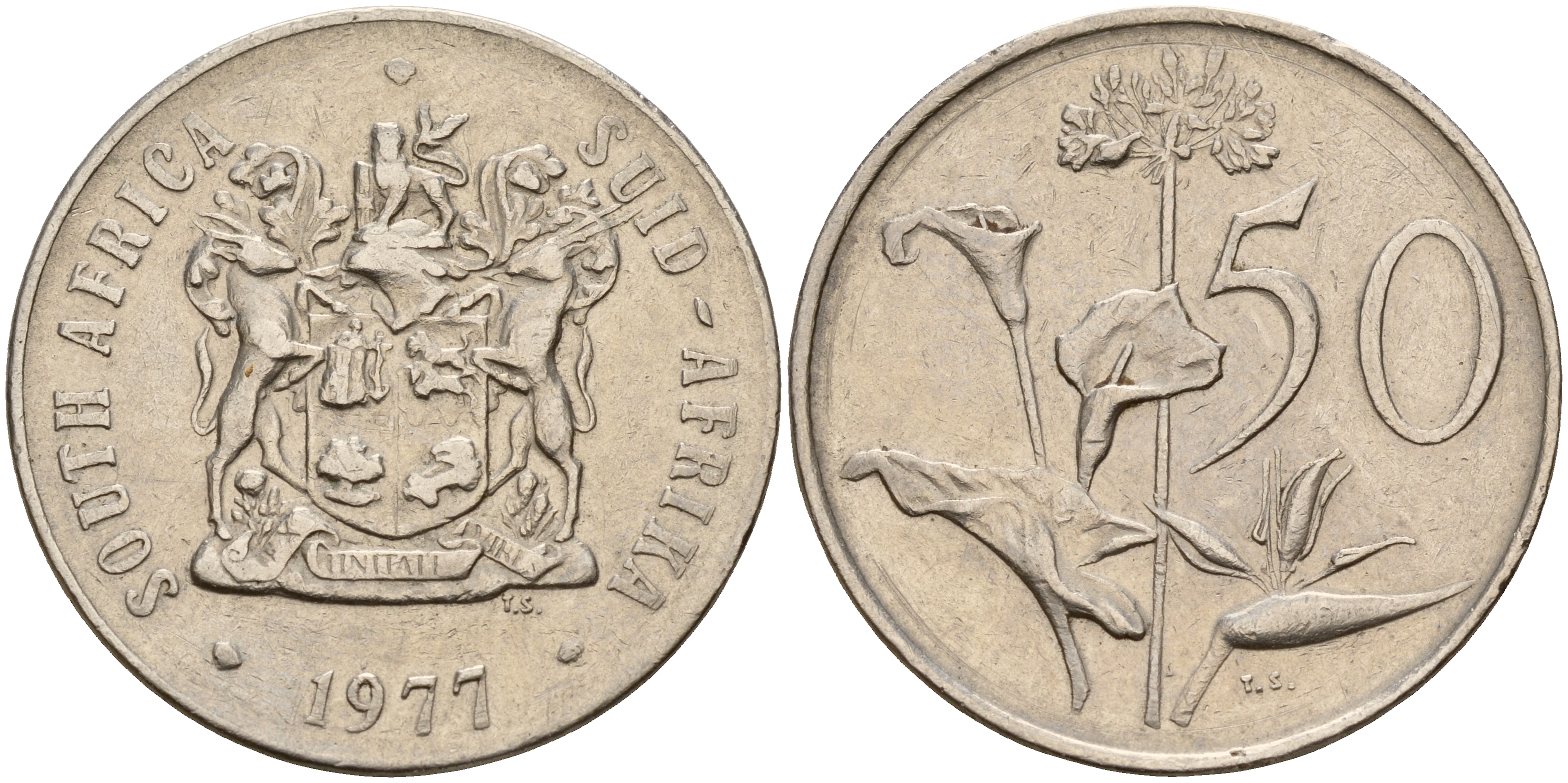 ЮАР 50 центов 1977 Зантедеския Эллиота (калла), герб KM 87 никель    4599-444