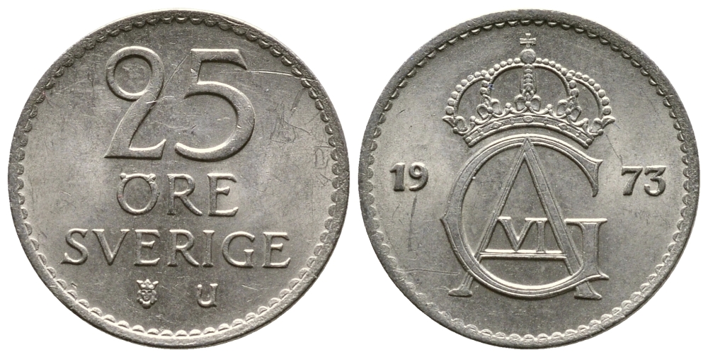Швеция 25 эре 1973 U, Густав VI Адольф (1950-1973) KM 836 медно-никель 3458-153