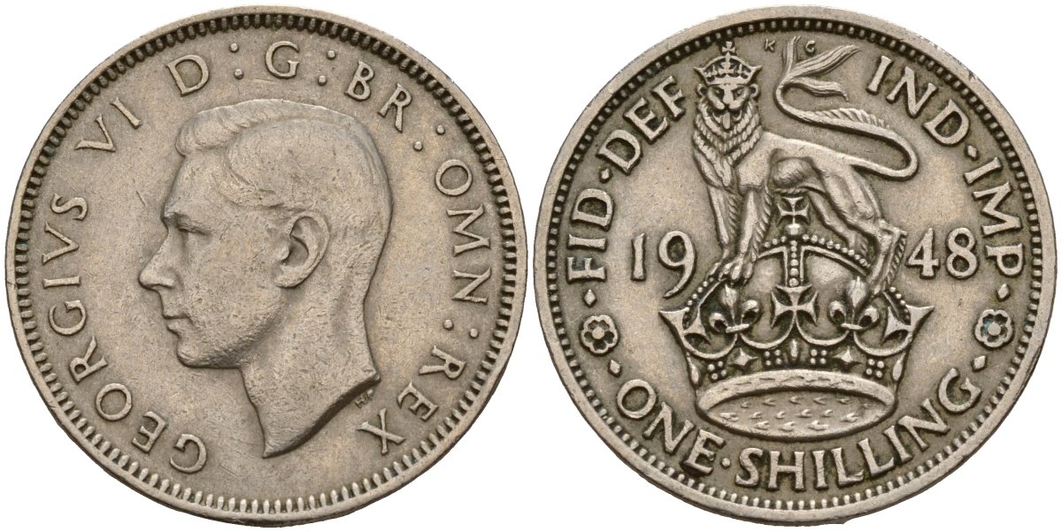 Великобритания 1 шиллинг 1948 Георг VI (1936-1952), Английский шиллинг KM 863, Spink 4103 медно-никель 4187-1053