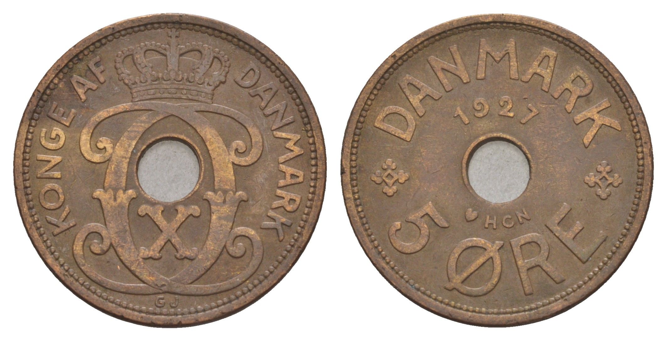 Дания 5 эре 1927 HCN, Кристиан X (1912-1947) KM 828 бронза 4657-224