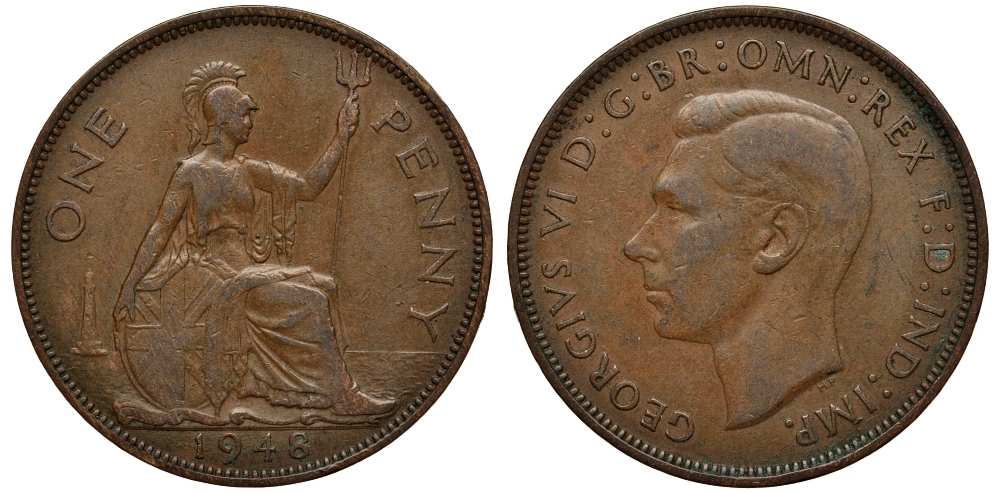 Великобритания 1 пенни 1948 Георг VI (1936-1952) KM 845, Spink 4114 бронза F 215-713