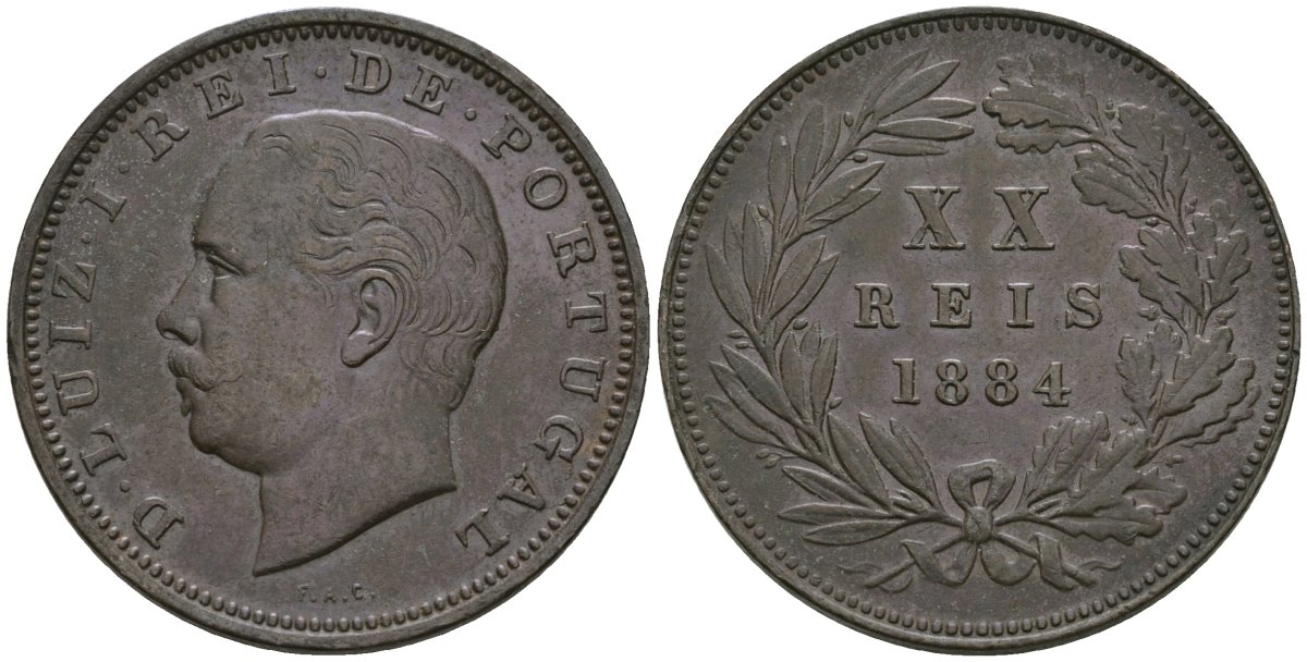 Португалия 20 рейс 1884 ЛУИШ I KM 527 бронза 1528-445