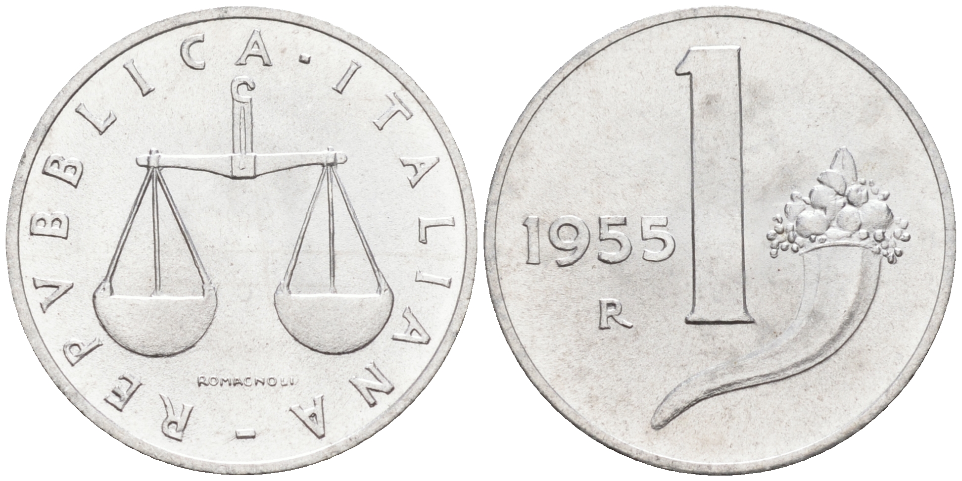 Италия 1 лира 1955 R, весы KM 91 алюминий  UNC  4594-714