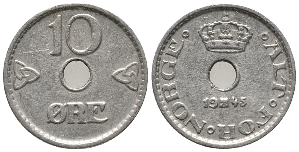НОРВЕГИЯ 10 ЭРЕ 1945 ХОКОН VII (1905-1957) KM 383 медно-никель 66-146
