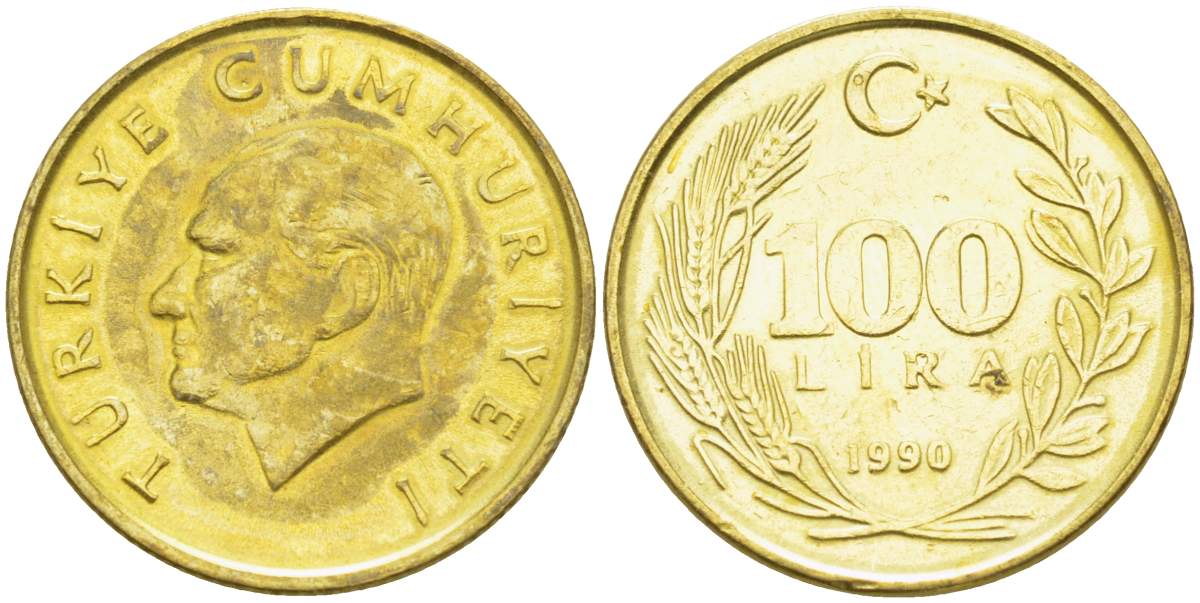 Турция 100 лир 1990 Кемаль Ататюрк KM 988 алюминиевая бронза 4525-614