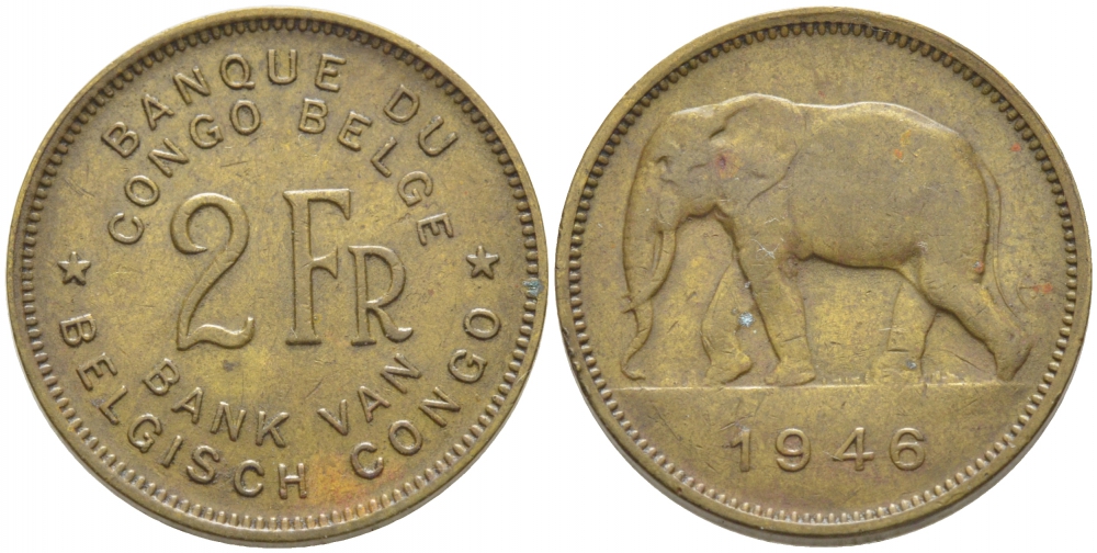 Бельгийское Конго 2 франка 1946 KM 28 латунь 3856-113