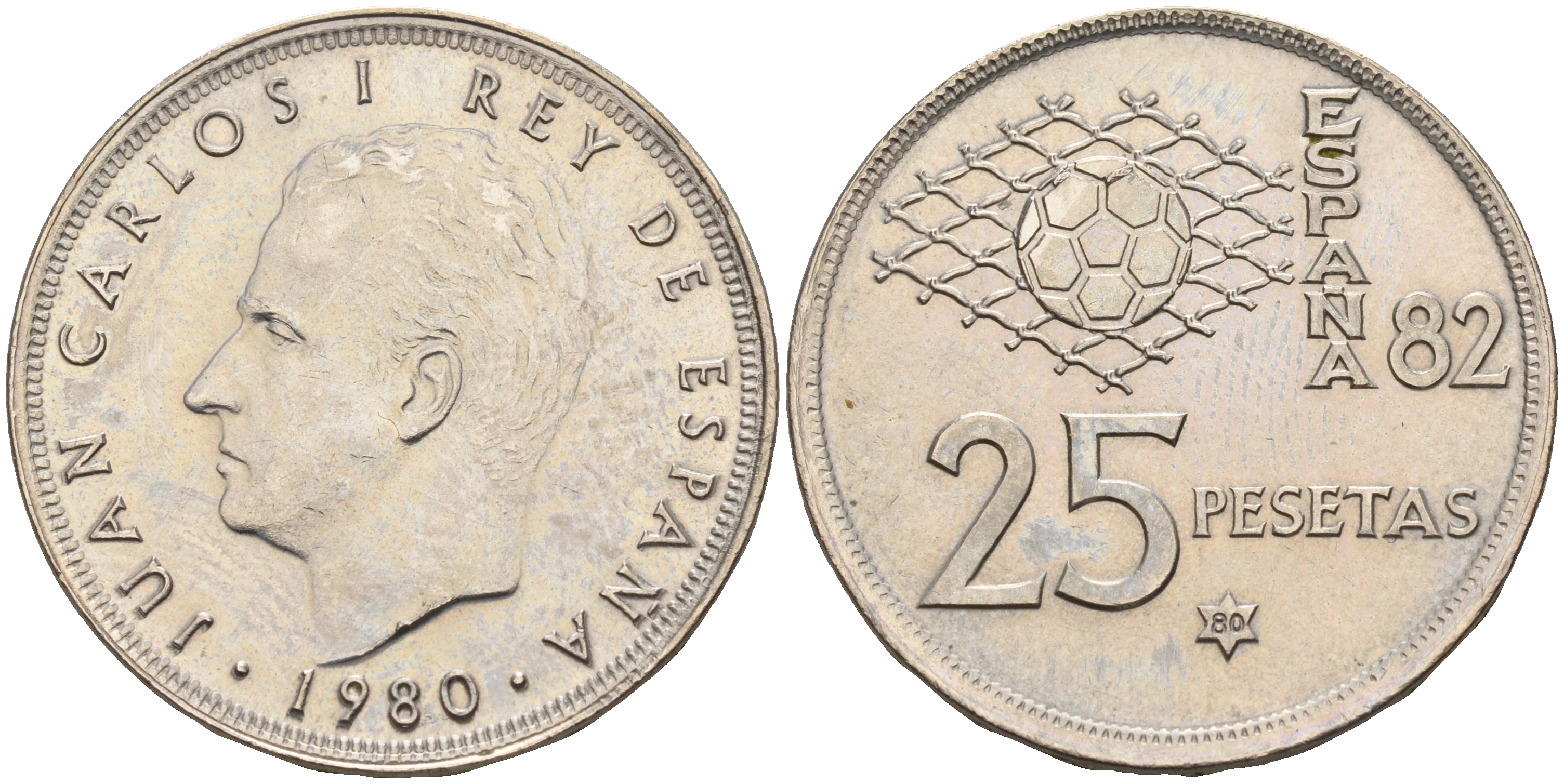 Испания 25 песет 1980 (80), Хуан Карлос I, чемпионат мира по футболу Испания 82 KM 818 медно-никель UNC 4144-223