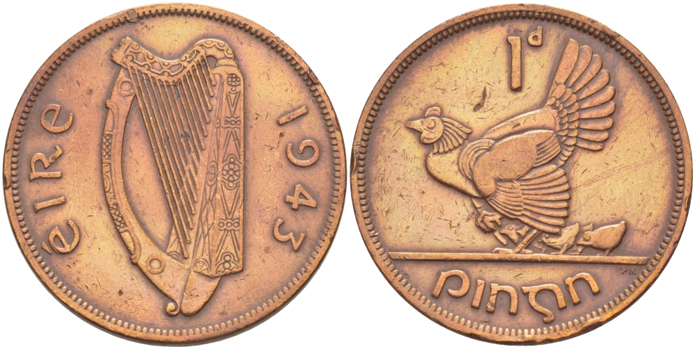 ИРЛАНДИЯ 1 ПЕННИ 1943 КУРИЦА С ЦЫПЛЯТАМИ KM 11 бронза 3457-231