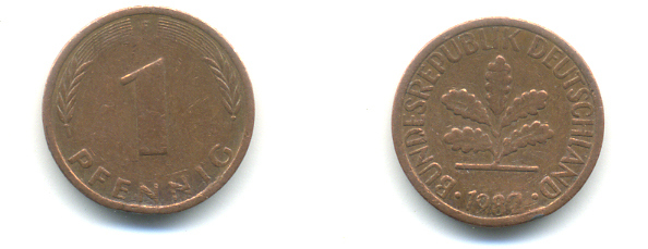 ФРГ 1 ПФЕННИГ 1982 F KM 105, J.380 сталь плакированная медью 176-658
