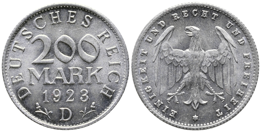 ГЕРМАНИЯ 200 МАРОК 1923 D KM 35, J. 304 алюминий UNC 24-834