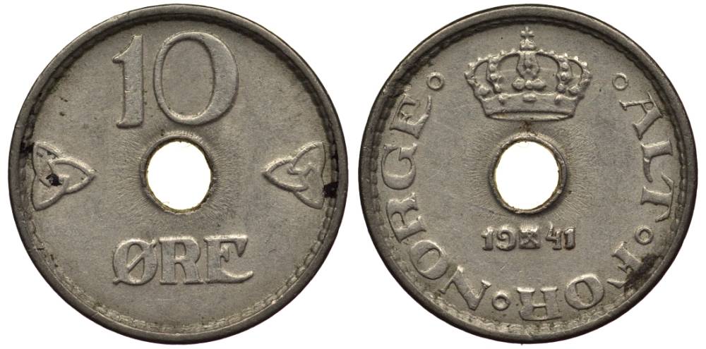 Норвегия 10 эре 1941 Хокон VII (1905-1957) KM 383 медно-никель 4549-949