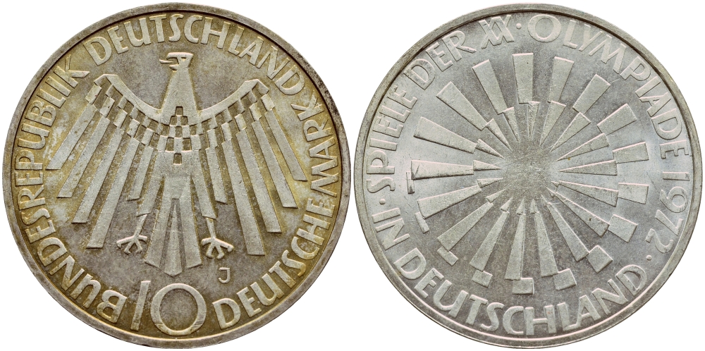ФРГ 10 МАРОК 1972 J, ОЛИМПИАДА, СПИРАЛЬ J 401b, KM 134.1 серебро aUNC 1522-342