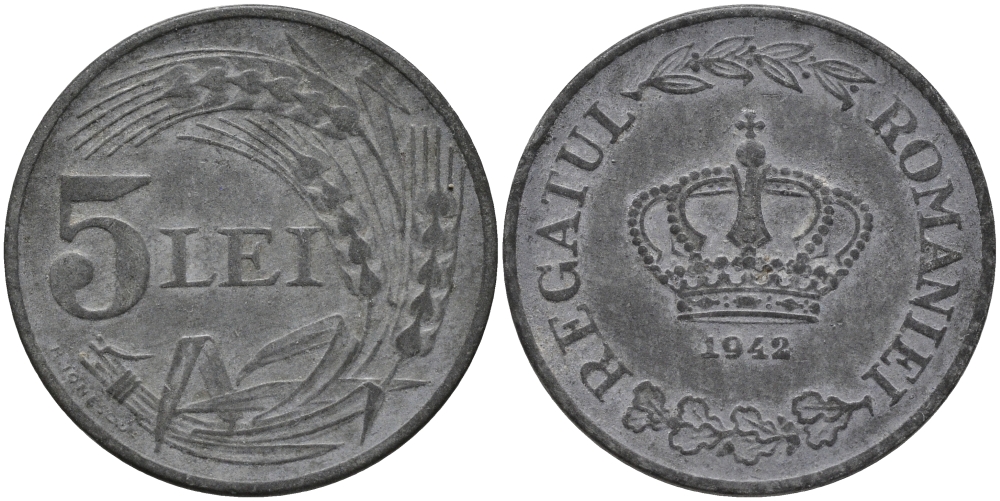 РУМЫНИЯ 5 ЛЕЙ 1942 МИХАЙ I (1940-1947), ВТОРАЯ МИРОВАЯ ВОЙНА KM 61 цинк 72-1514