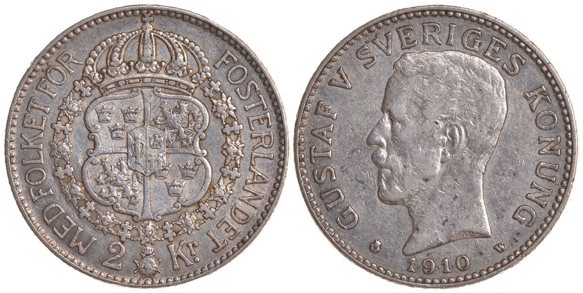 Швеция 2 кроны 1910 W, Густав V (1907-1950) KM 787 серебро 4178-1246