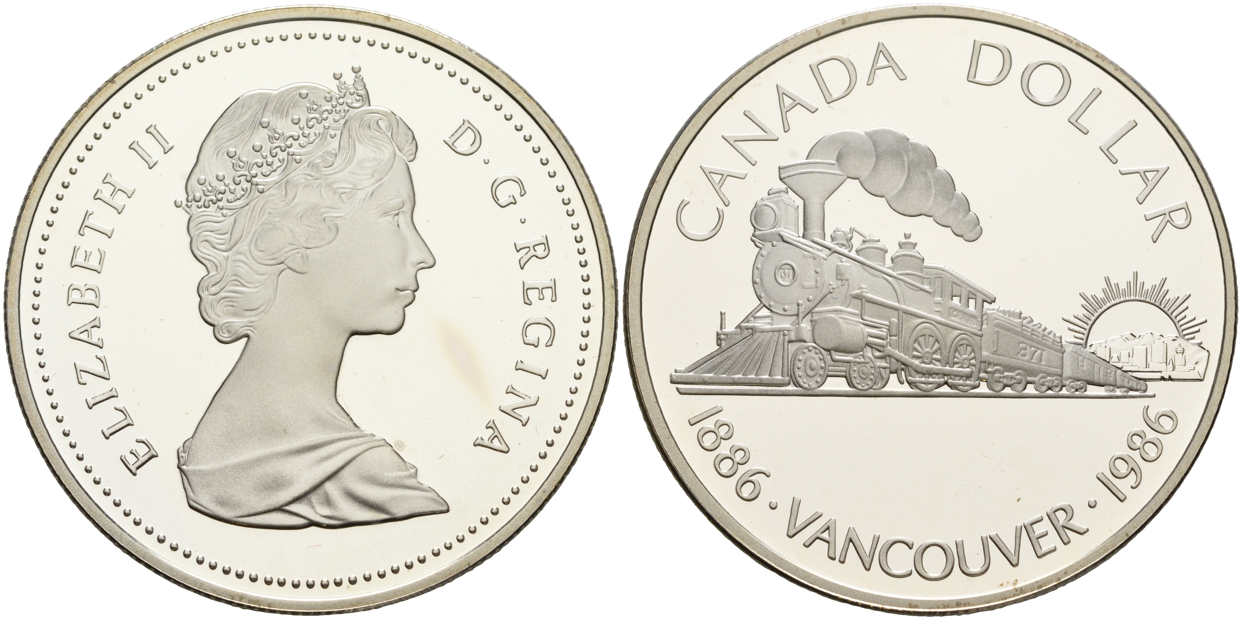 Канада 1 доллар 1986 100 лет Ванкуверу, паровоз KM 149 серебро PROOF 1076-2-14